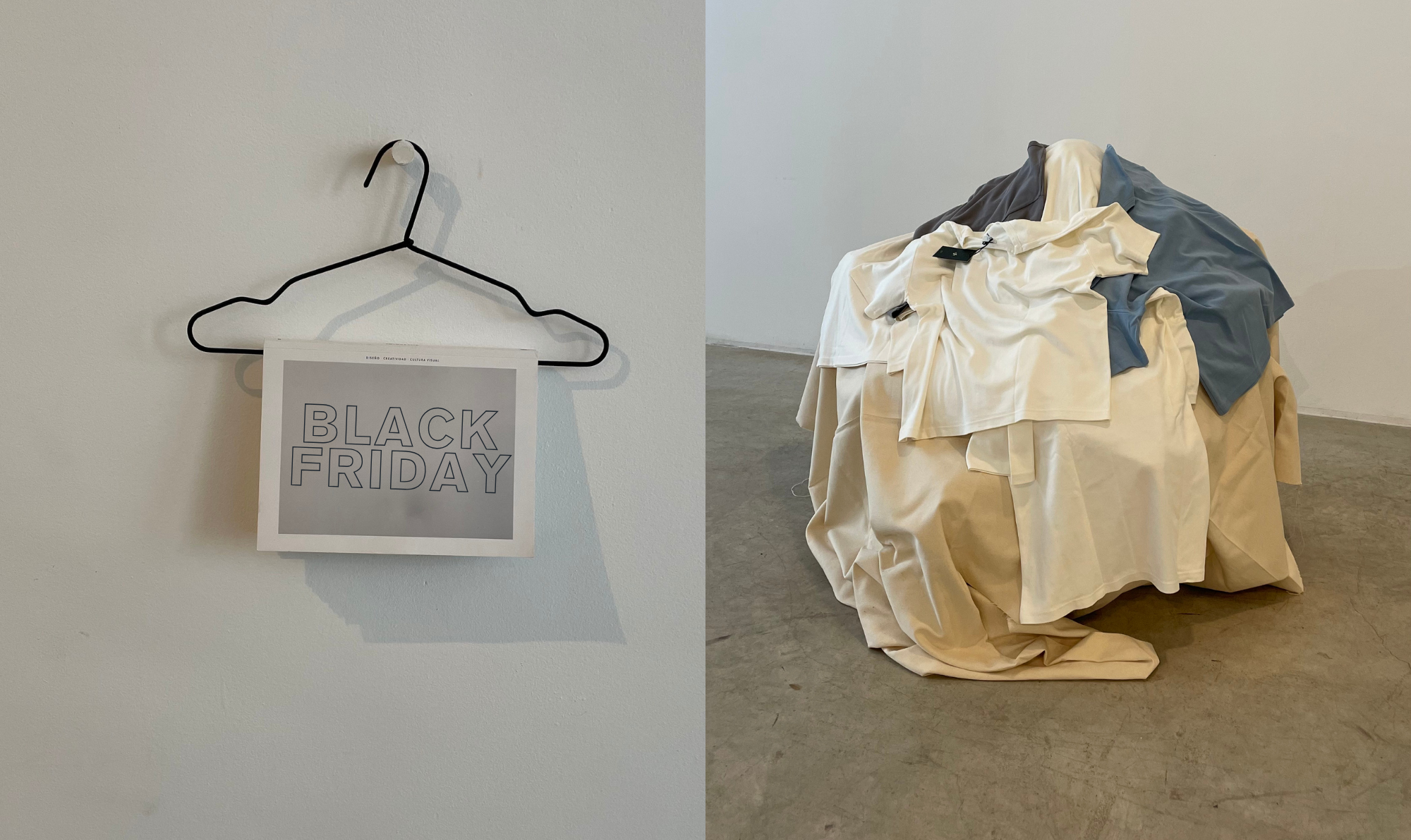 Percha con anuncio de BLACK FRIDAY - torre de t-shirts en rebaja